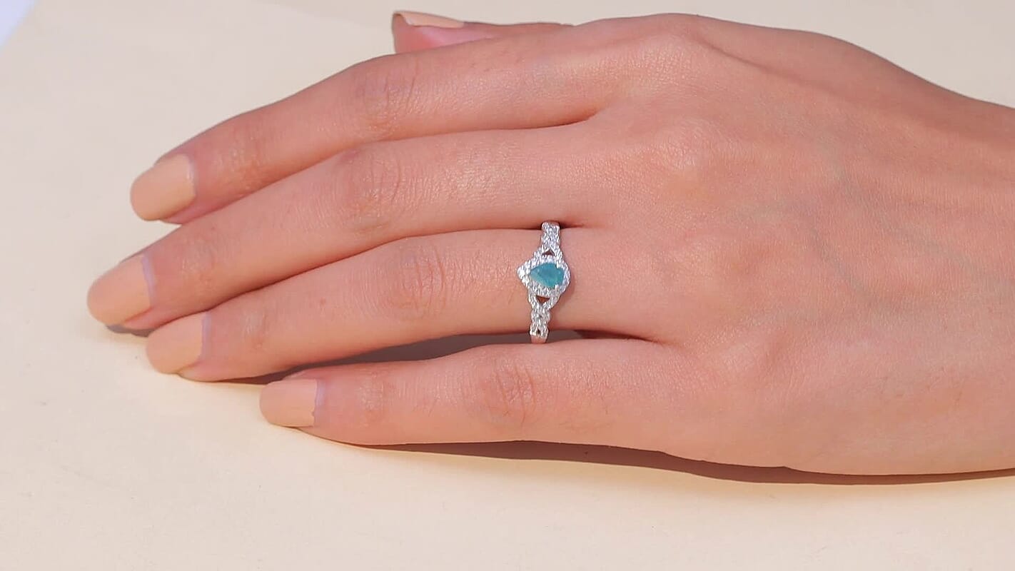 D'Joy Premium Grandidierite, Moissanite Dew Drop Ring in Rhodium Over Sterling Silver (Size 10.0) 0.74 ctw
