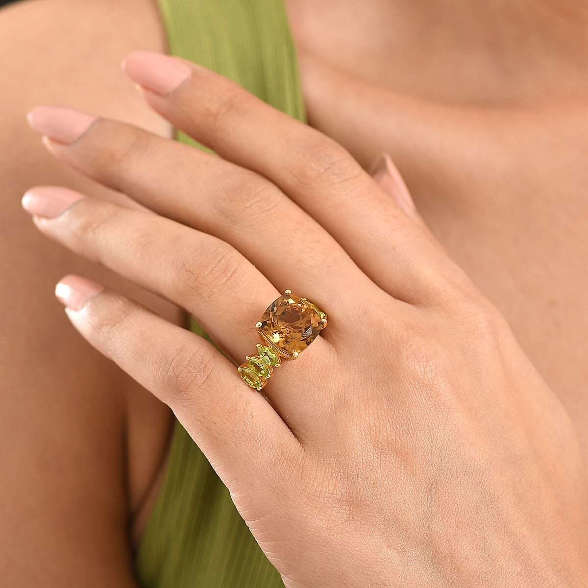 EverTrue Brazilann Citrine and Hebei Peridot 9.30 ctw Ring in 18K Yellow Gold Plated (Size 6.0) image number 2