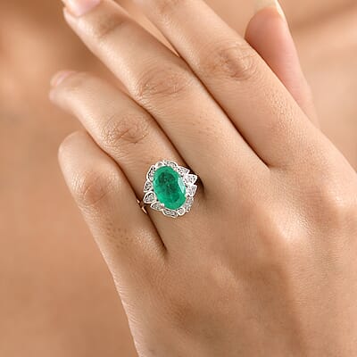 D'Joy Emeraldine Quartz (Triplet) and White Zircon 4.00 ctw Ring in Platinum Over Sterling Silver (Size 6.0)