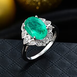 D'Joy Emeraldine Quartz (Triplet) and White Zircon 4.00 ctw Ring in Platinum Over Sterling Silver (Size 9.0)