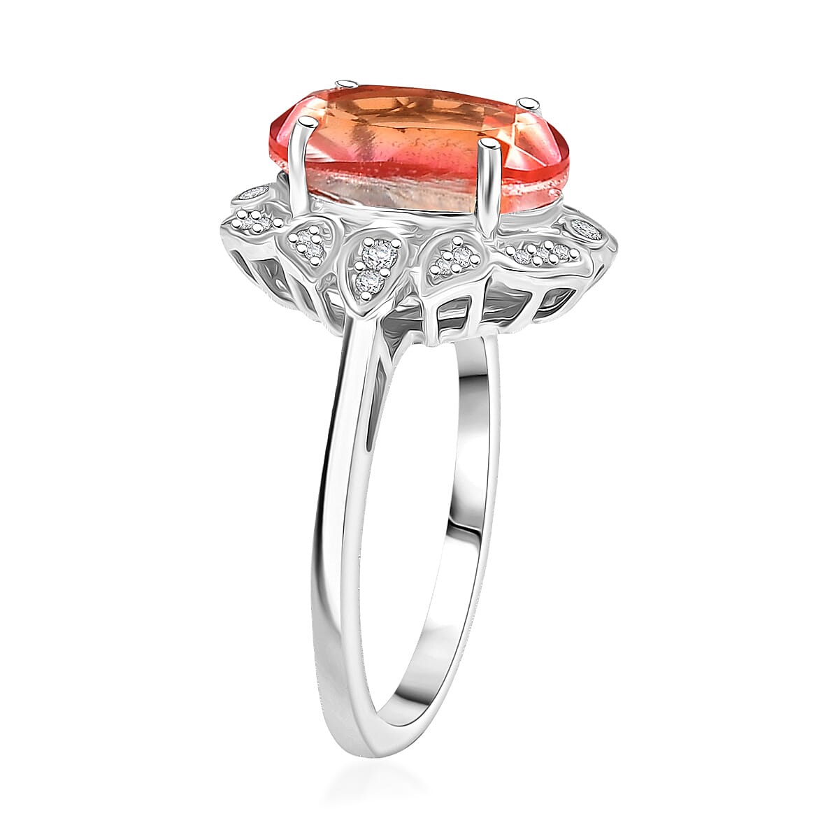 D'Joy Padparadscha Quartz (Triplet) and White Zircon 4.00 ctw Ring in Platinum Over Sterling Silver (Size 6.0) image number 3