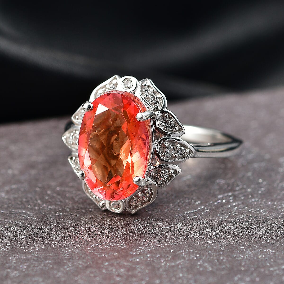 D'Joy Padparadscha Quartz (Triplet) and White Zircon 4.00 ctw Ring in Platinum Over Sterling Silver (Size 8.0) image number 1