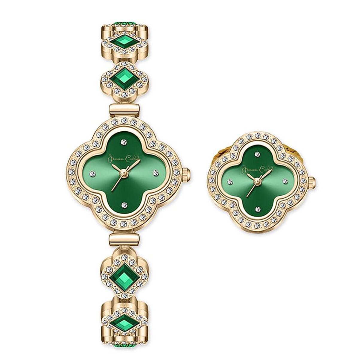 Doorbuster Closeout Jessica Carlyle Green Quatrefoil Watch & Ring Watch Set in Goldtone image number 0