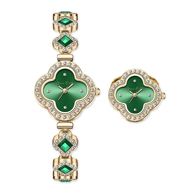  Closeout Jessica Carlyle Green Quatrefoil Watch & Ring Watch Set in Goldtone