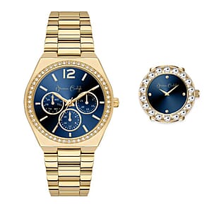 Doorbuster Closeout Jessica Carlyle Blue Dial Watch & Ring Watch Set in Goldtone