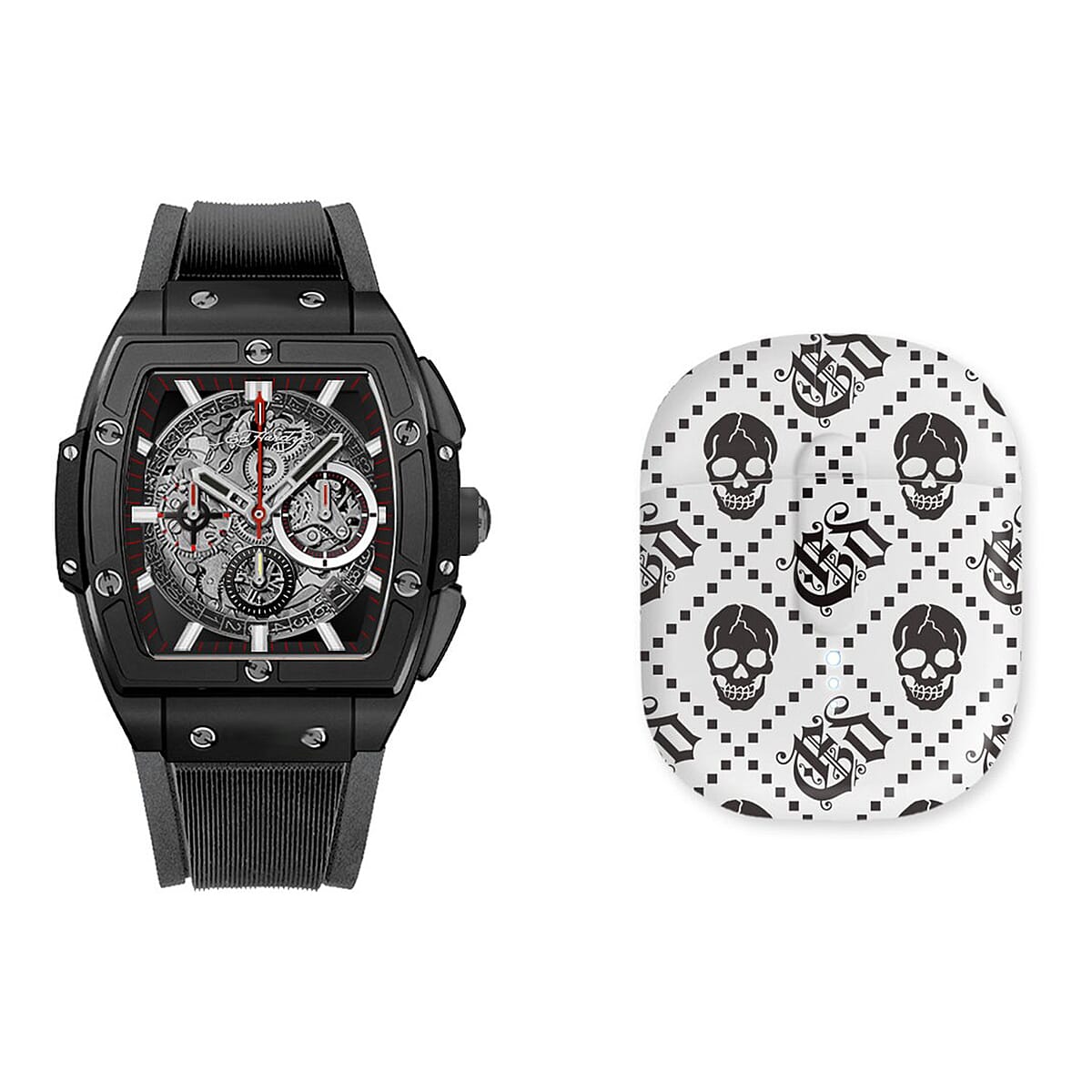 Closeout Ed Hardy Square Watch with Faux Leather Strap & Earbuds Set image number 0