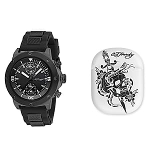 Closeout Ed Hardy Round Watch with Faux Leather Strap & Earbuds Set