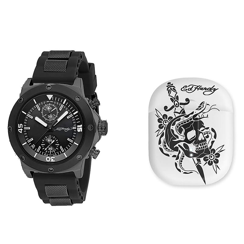 Closeout Ed Hardy Round Watch with Faux Leather Strap & Earbuds Set