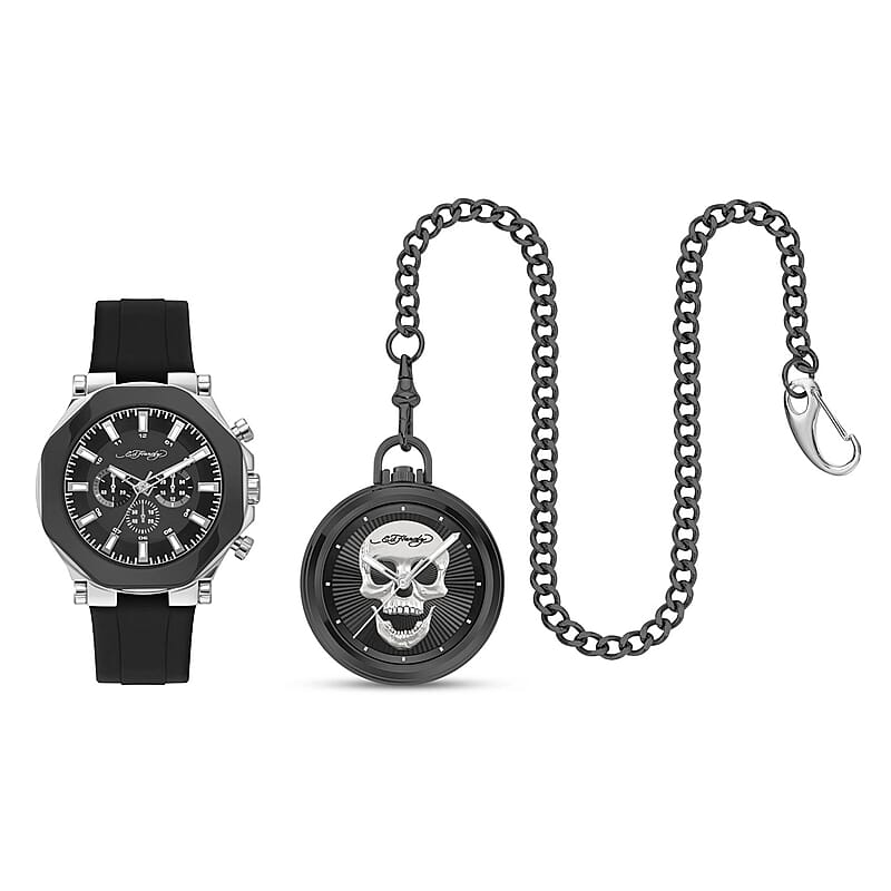 Closeout Ed Hardy Watch with Black Faux Leather Strap & Pocket Watch Set in Goldtone