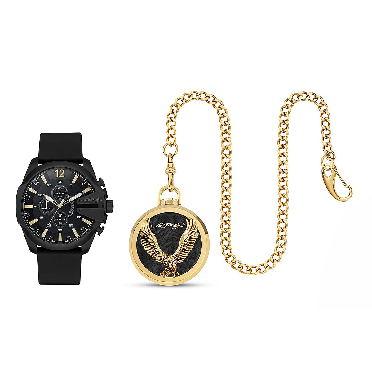 Closeout Ed Hardy Watch with Black Faux Leather Strap & Pocket Watch Set image number 0