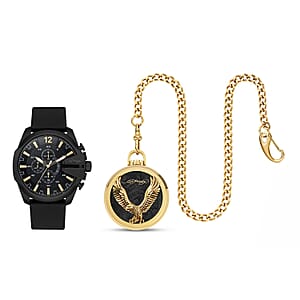 Closeout Ed Hardy Watch with Black Faux Leather Strap & Pocket Watch Set