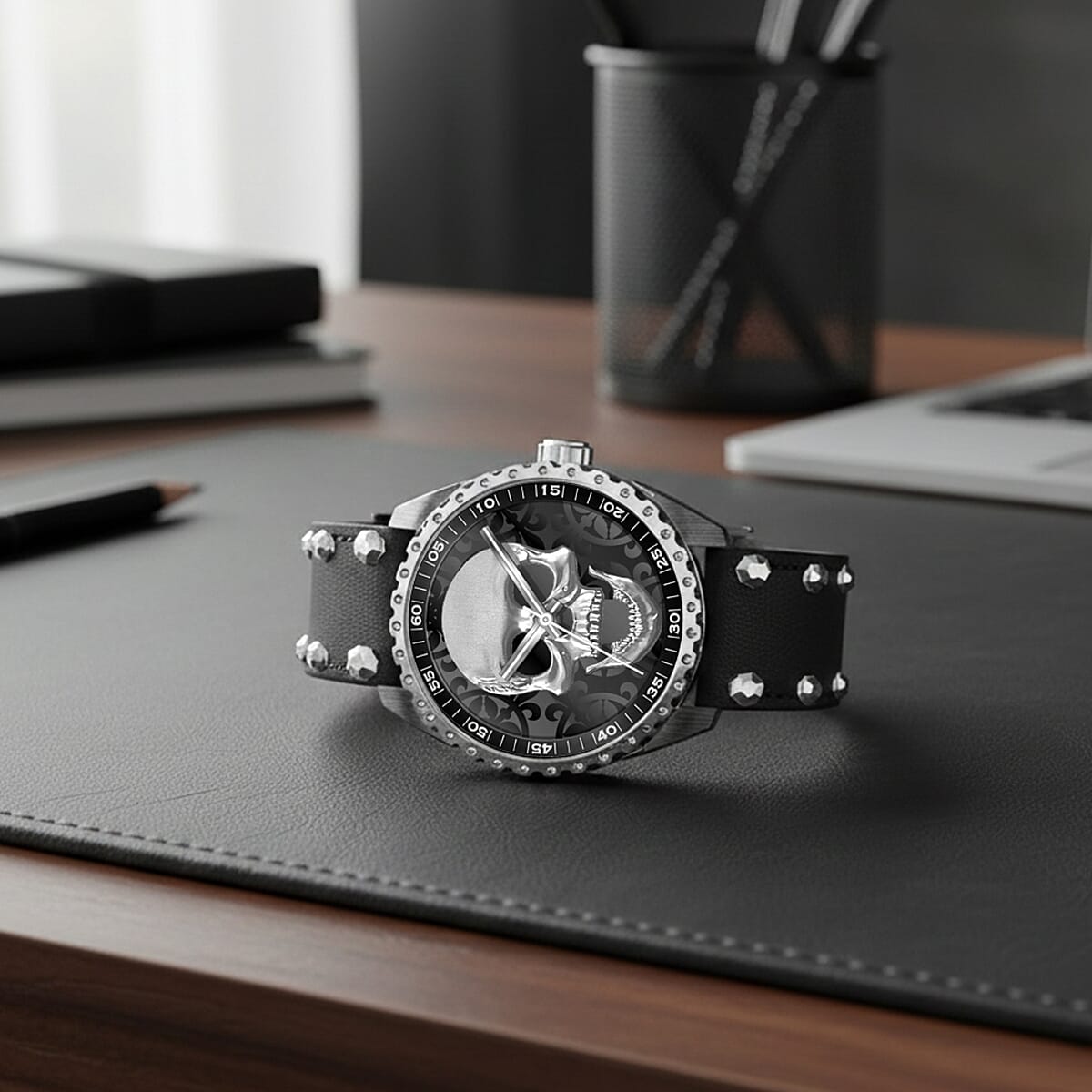  Closeout Ed Hardy Skull Watch with Black Faux Leather Studded Strap image number 1