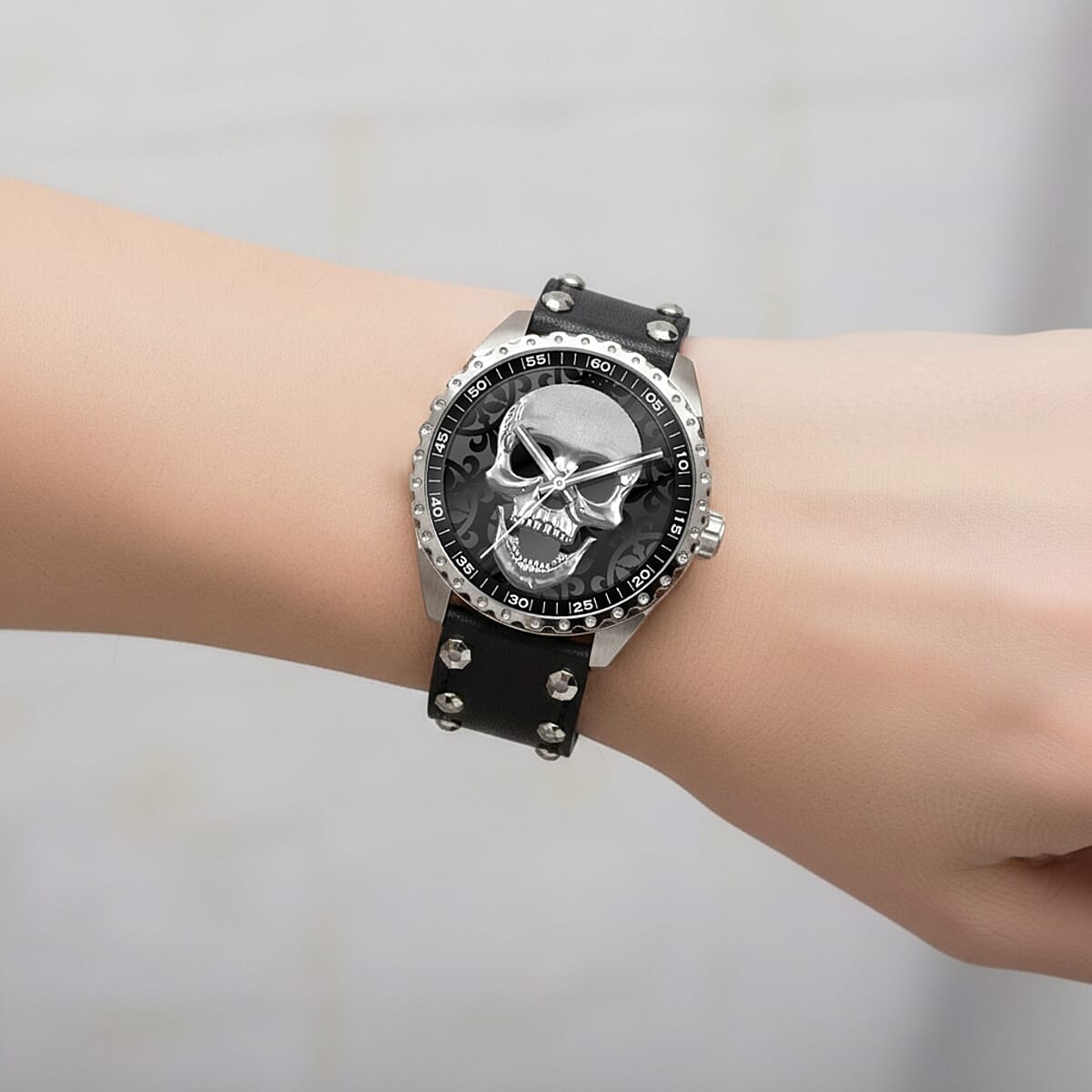  Closeout Ed Hardy Skull Watch with Black Faux Leather Studded Strap image number 2