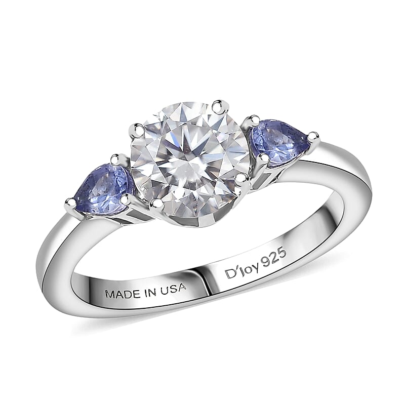 D'Joy Moissanite, Tanzanite Ring in Rhodium Over Sterling Silver 1.60 ctw (Size 10.0)