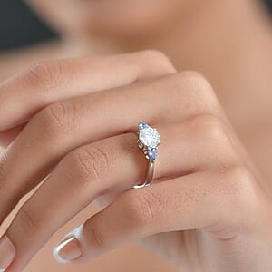 D'Joy Moissanite, Tanzanite Ring in Rhodium Over Sterling Silver 1.60 ctw (Size 10.0)