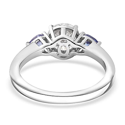 D'Joy Moissanite, Tanzanite Ring in Rhodium Over Sterling Silver 1.60 ctw (Size 10.0)