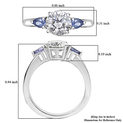 D'Joy Moissanite, Tanzanite Ring in Rhodium Over Sterling Silver 1.60 ctw (Size 10.0)