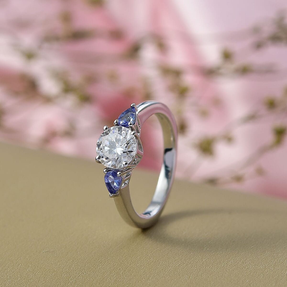 D'Joy Moissanite and Tanzanite 1.60 ctw Ring in Rhodium Over Sterling Silver (Size 5.0) image number 1