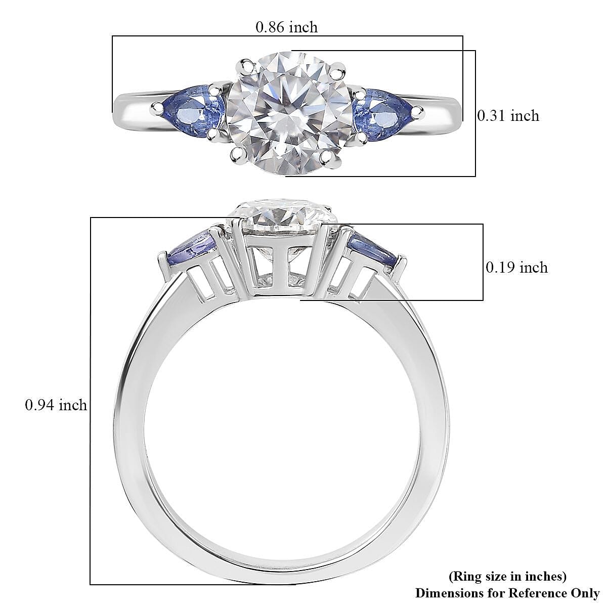 D'Joy Moissanite and Tanzanite 1.60 ctw Ring in Rhodium Over Sterling Silver (Size 5.0) image number 5