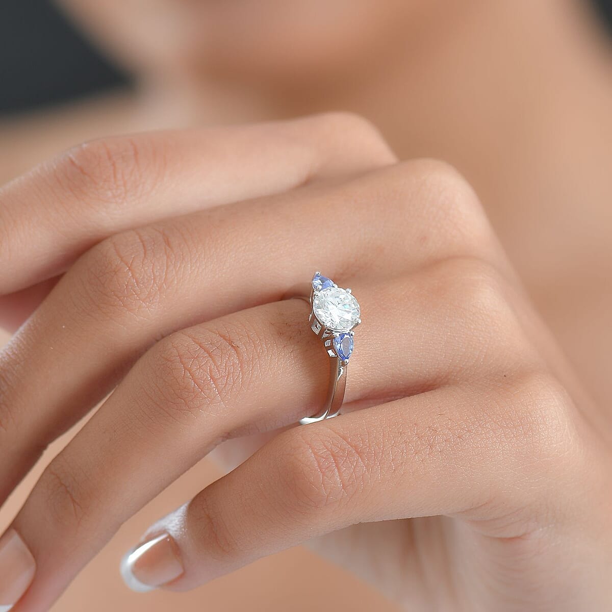 D'Joy Moissanite and Tanzanite 1.60 ctw Ring in Rhodium Over Sterling Silver (Size 7.0) image number 2