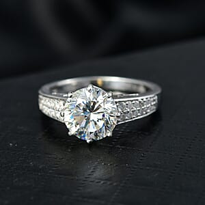 D'Joy Heart & Arrow Cut Strontium Titanate and Moissanite 4.50 ctw Classic Solitaire Ring in Rhodium Over Sterling Silver (Size 10.0)