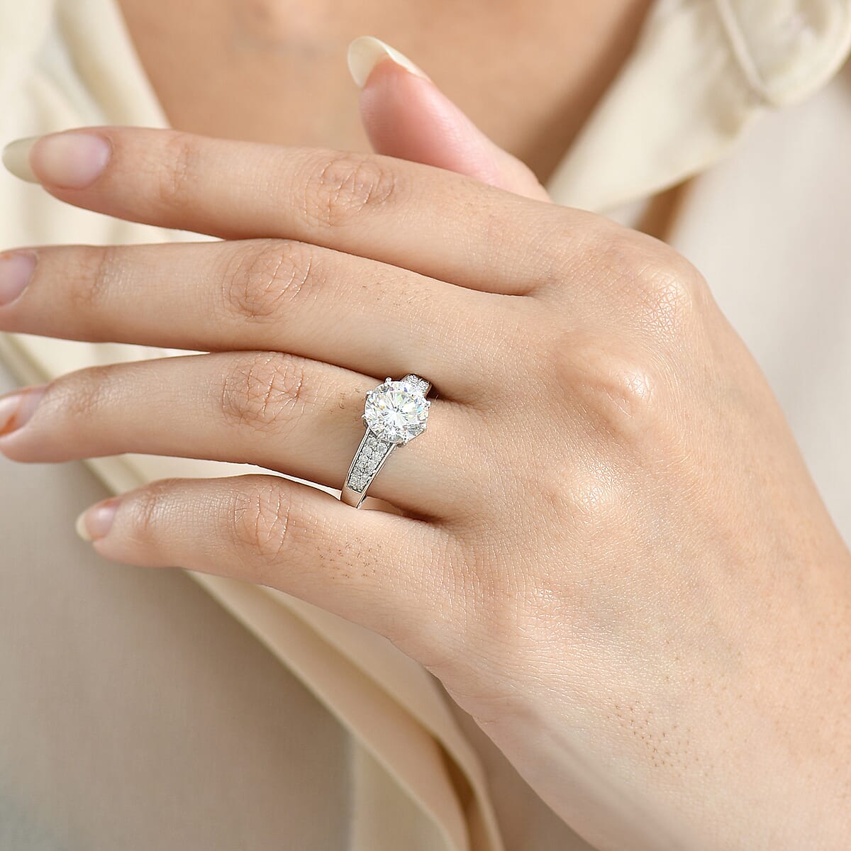 D'Joy Heart & Arrow Cut Strontium Titanate and Moissanite 4.50 ctw Classic Solitaire Ring in Rhodium Over Sterling Silver (Size 10.0) image number 2