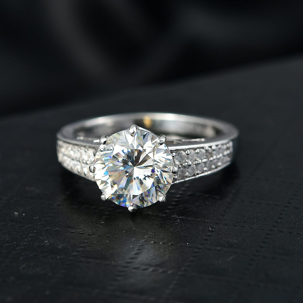 D'Joy Heart & Arrow Cut Strontium Titanate and Moissanite 4.50 ctw Classic Solitaire Ring in Rhodium Over Sterling Silver (Size 6.0) image number 1