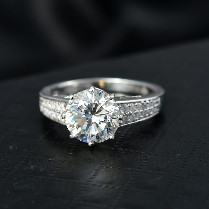 D'Joy Heart & Arrow Cut Strontium Titanate and Moissanite 4.50 ctw Classic Solitaire Ring in Rhodium Over Sterling Silver (Size 6.0)