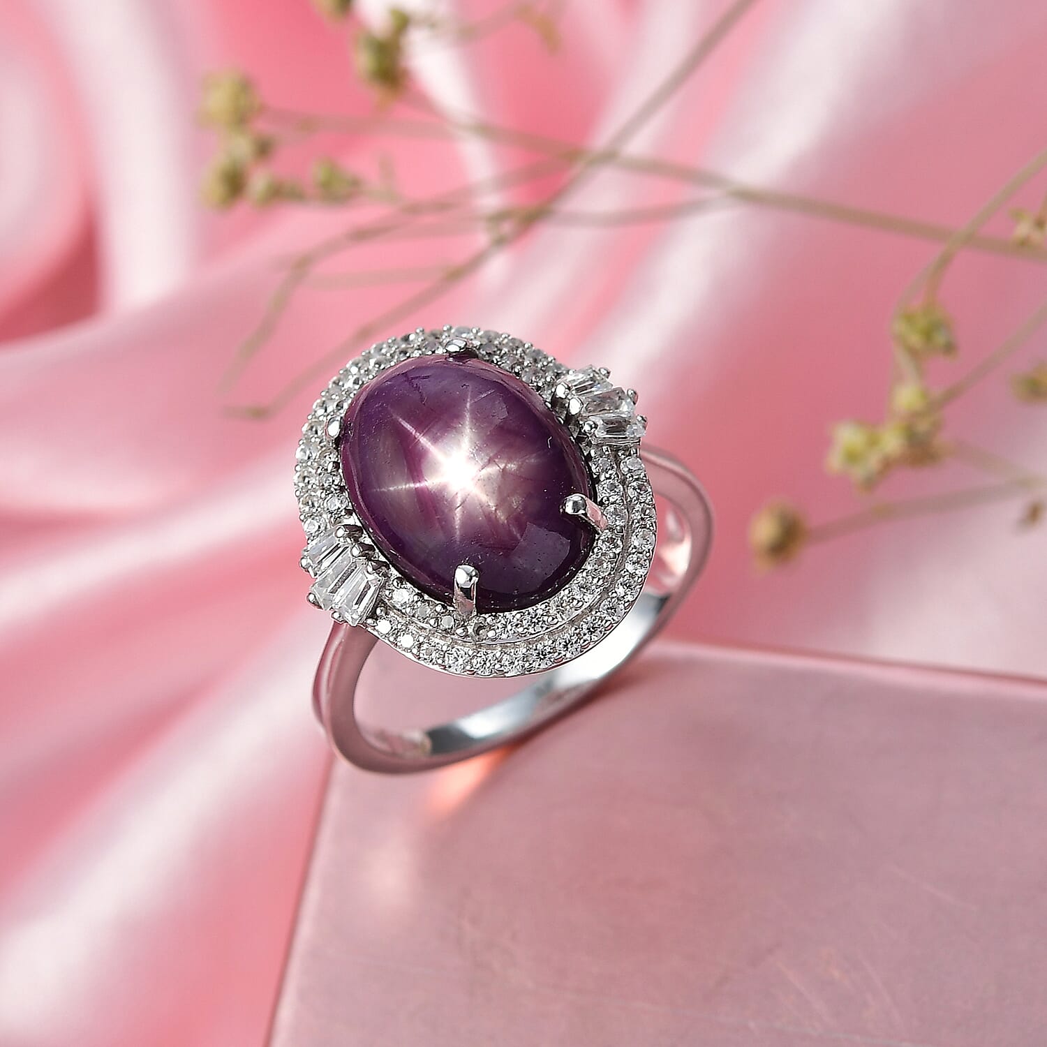 D'Joy Premium Indian Star Ruby, White Zircon Ring in Rhodium Over Sterling Silver (Size 10.0) 11.70 ctw