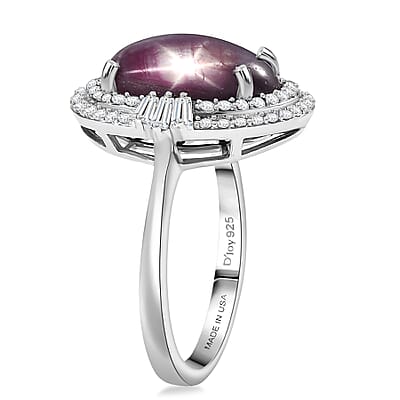 D'Joy Indian Star Ruby, White Zircon Ring in Rhodium Over Sterling Silver 11.70 ctw (Size 7.0)