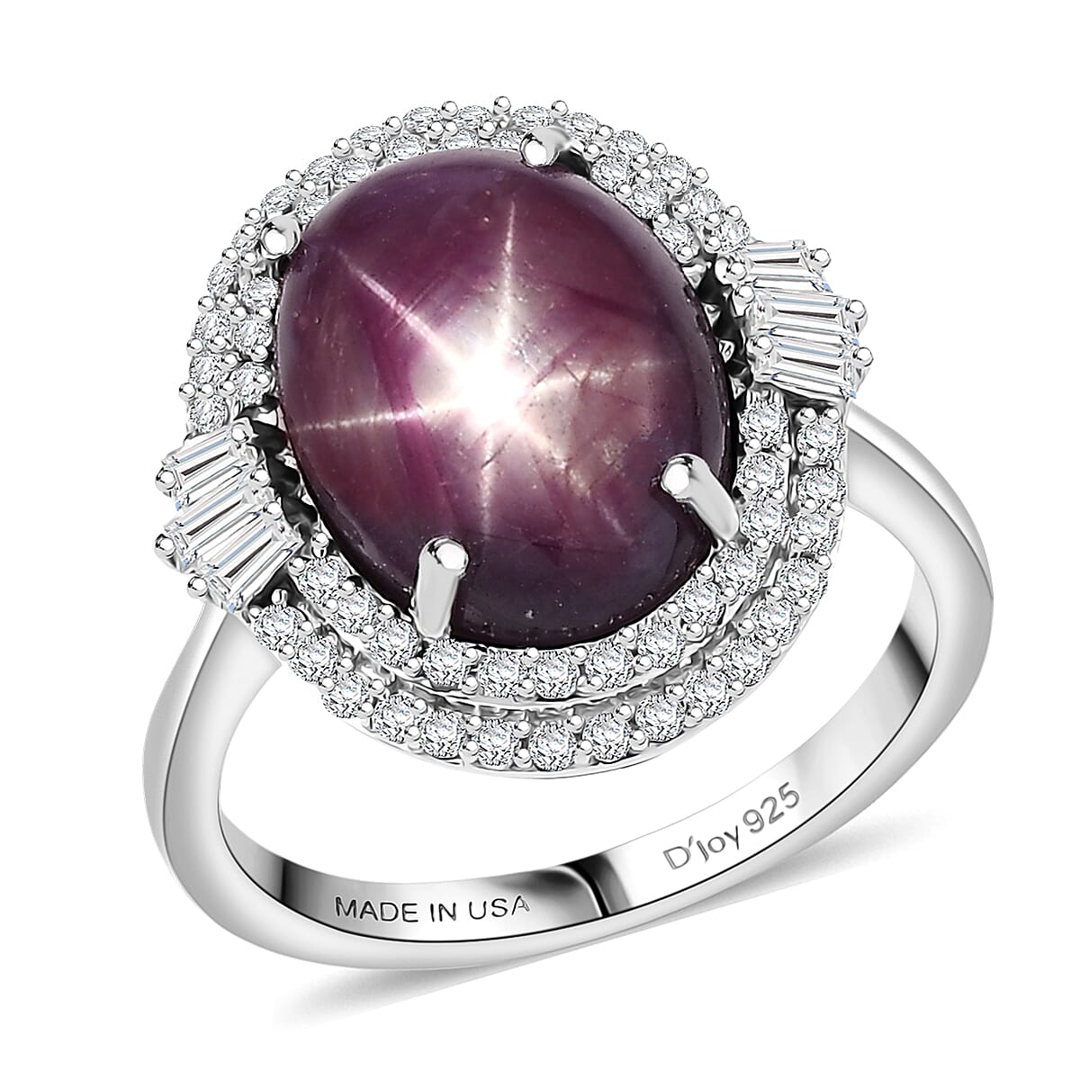 D'Joy Premium Indian Star Ruby, White Zircon Ring in Rhodium Over Sterling Silver (Size 10.0) 11.70 ctw