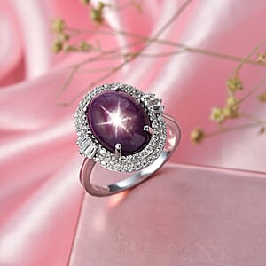 D'Joy Indian Star Ruby, White Zircon Ring in Rhodium Over Sterling Silver 11.70 ctw (Size 8.0)