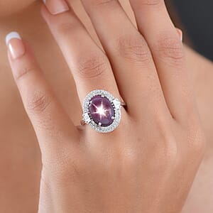 D'Joy Indian Star Ruby, White Zircon Ring in Rhodium Over Sterling Silver 11.70 ctw (Size 8.0)