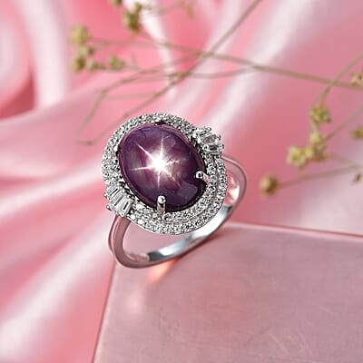 D'Joy Indian Star Ruby, White Zircon Ring in Rhodium Over Sterling Silver 11.70 ctw (Size 9.0)