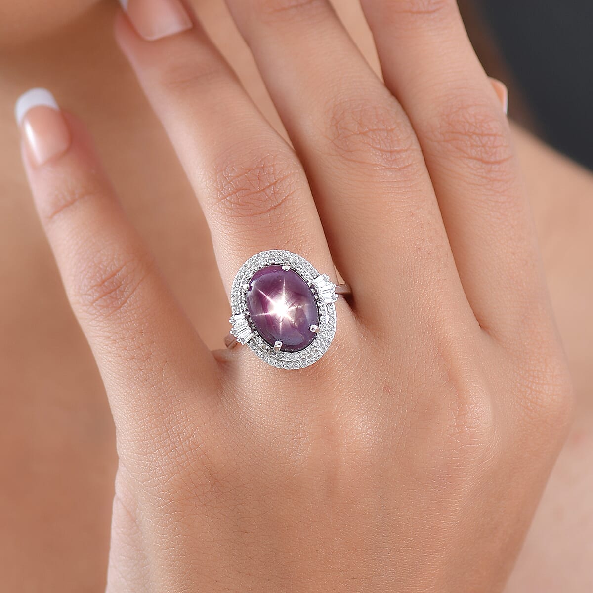 D'Joy Indian Star Ruby, White Zircon Ring in Rhodium Over Sterling Silver 11.70 ctw (Size 9.0) image number 2