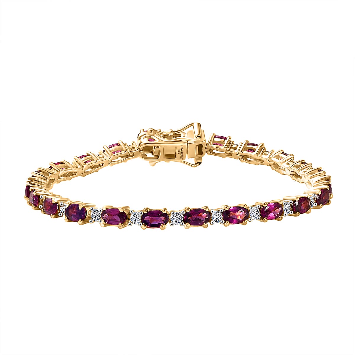 AAA Radiant Ember Garnet and Luxuriant Lab Grown Diamond G-H SI 7.65 ctw Royal Flame Line Bracelet in 18K Vermeil Yellow Gold Over Sterling Silver (6.50 In) image number 0