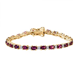 AAA Radiant Ember Garnet and Luxuriant Lab Grown Diamond G-H SI 7.65 ctw Royal Flame Line Bracelet in 18K Vermeil Yellow Gold Over Sterling Silver (6.50 In)