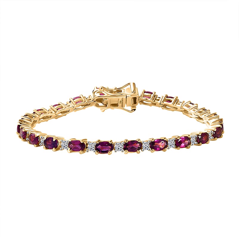 AAA Radiant Ember Garnet and Luxuriant Lab Grown Diamond G-H SI 7.65 ctw Royal Flame Line Bracelet in 18K Vermeil Yellow Gold Over Sterling Silver (6.50 In)