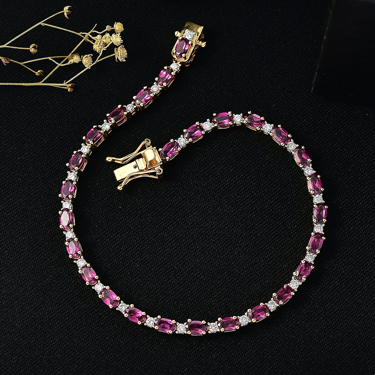AAA Radiant Ember Garnet and Luxuriant Lab Grown Diamond G-H SI 7.65 ctw Royal Flame Line Bracelet in 18K Vermeil Yellow Gold Over Sterling Silver (6.50 In) image number 1
