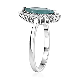 D'Joy Premium Grandidierite and Moissanite 2.10 ctw Art Deco Halo Ring in Rhodium Over Sterling Silver (Size 7.0)