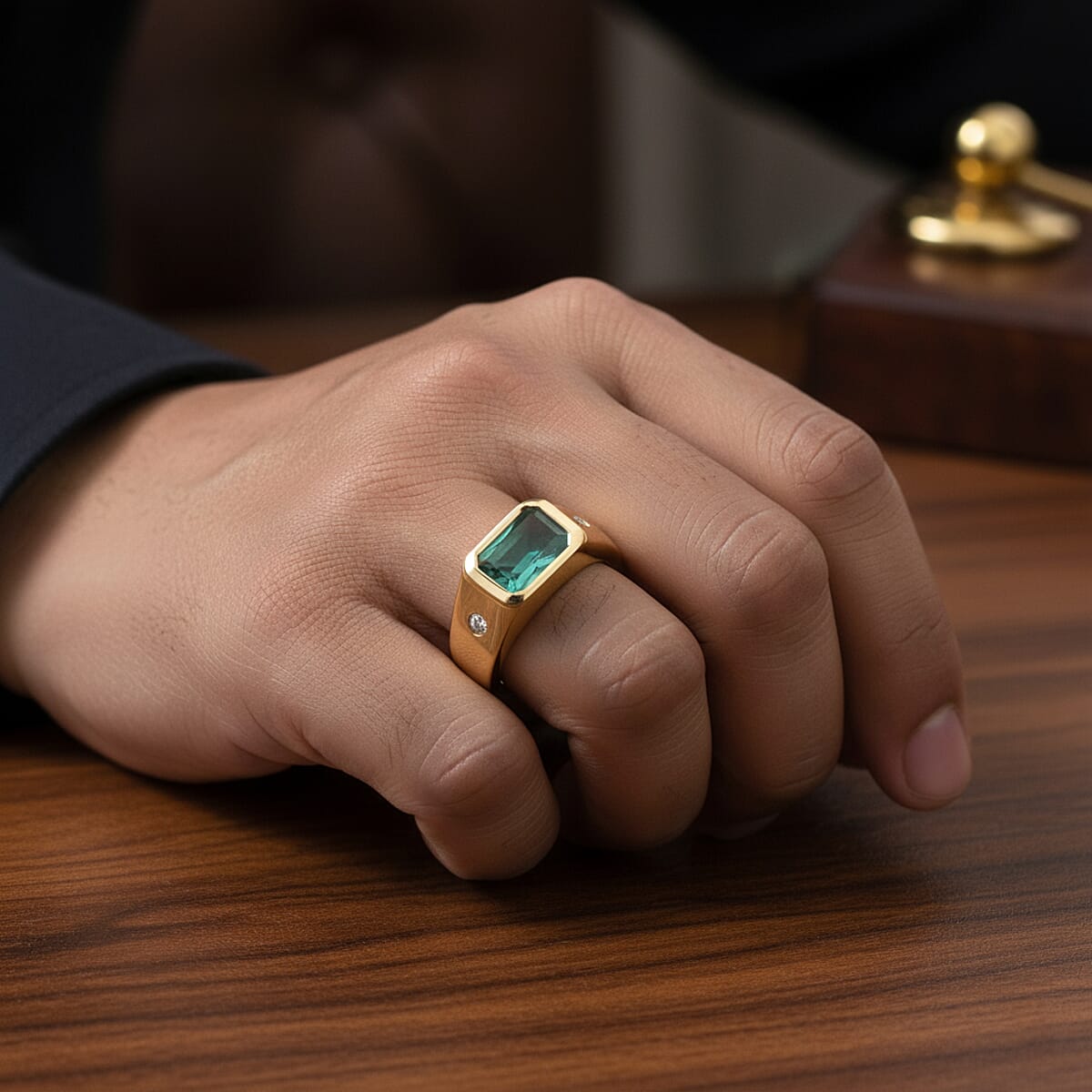 Premium Grandidierite and Luxuriant Lab Grown Diamond G-H SI 1.70 ctw Art Deco Men's Ring in 18K Vermeil Yellow Gold Over Sterling Silver (Size 14.0) image number 2