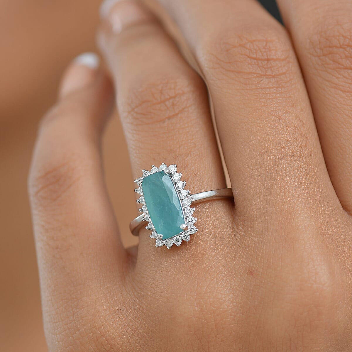 D'Joy Premium Grandidierite and Moissanite 2.80 ctw Art Deco Halo Ring in Rhodium Over Sterling Silver (Size 10.0) image number 2