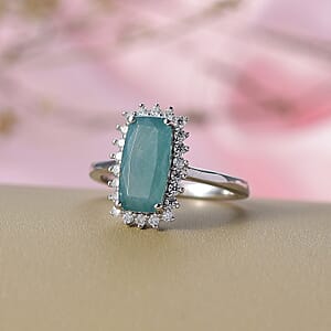 D'Joy Premium Grandidierite and Moissanite 2.80 ctw Art Deco Halo Ring in Rhodium Over Sterling Silver (Size 8.0)