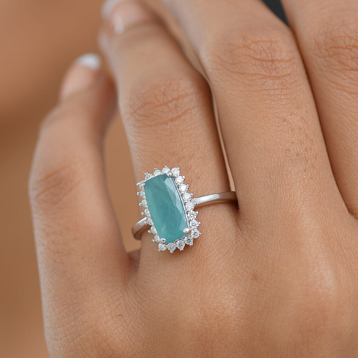 D'Joy Premium Grandidierite and Moissanite 2.80 ctw Art Deco Halo Ring in Rhodium Over Sterling Silver (Size 8.0) image number 2