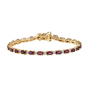 AAA Radiant Ember Garnet and Luxuriant Lab Grown Diamond G-H SI 8.70 ctw Royal Flame Line Bracelet in 18K Vermeil Yellow Gold Over Sterling Silver (7.25 In)