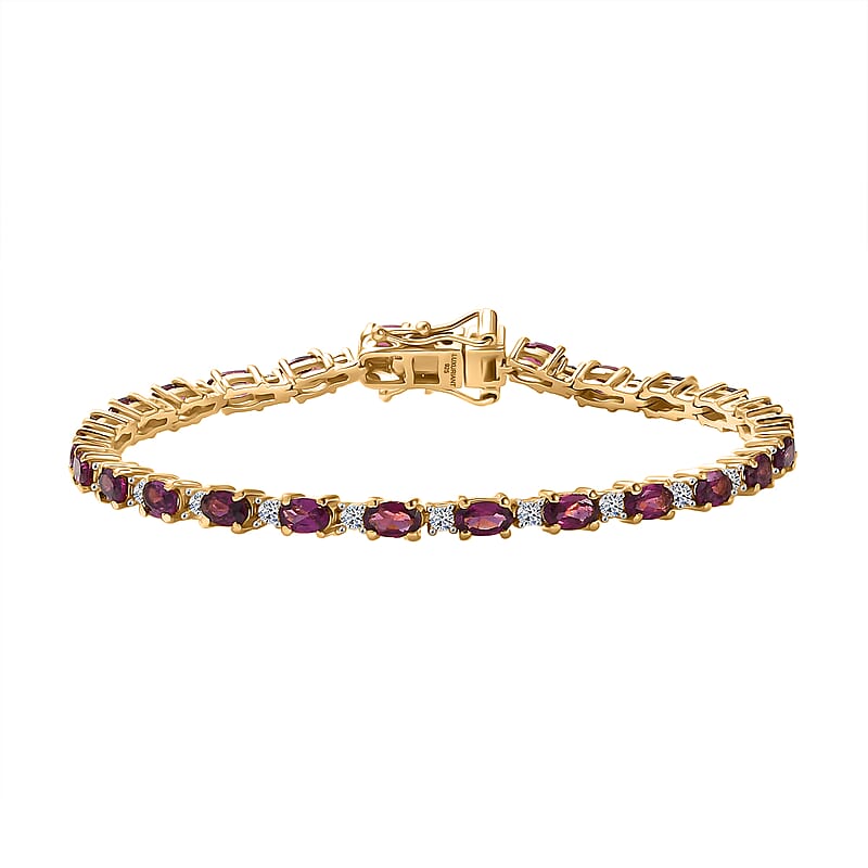 AAA Radiant Ember Garnet and Luxuriant Lab Grown Diamond G-H SI 8.70 ctw Royal Flame Line Bracelet in 18K Vermeil Yellow Gold Over Sterling Silver (7.25 In)