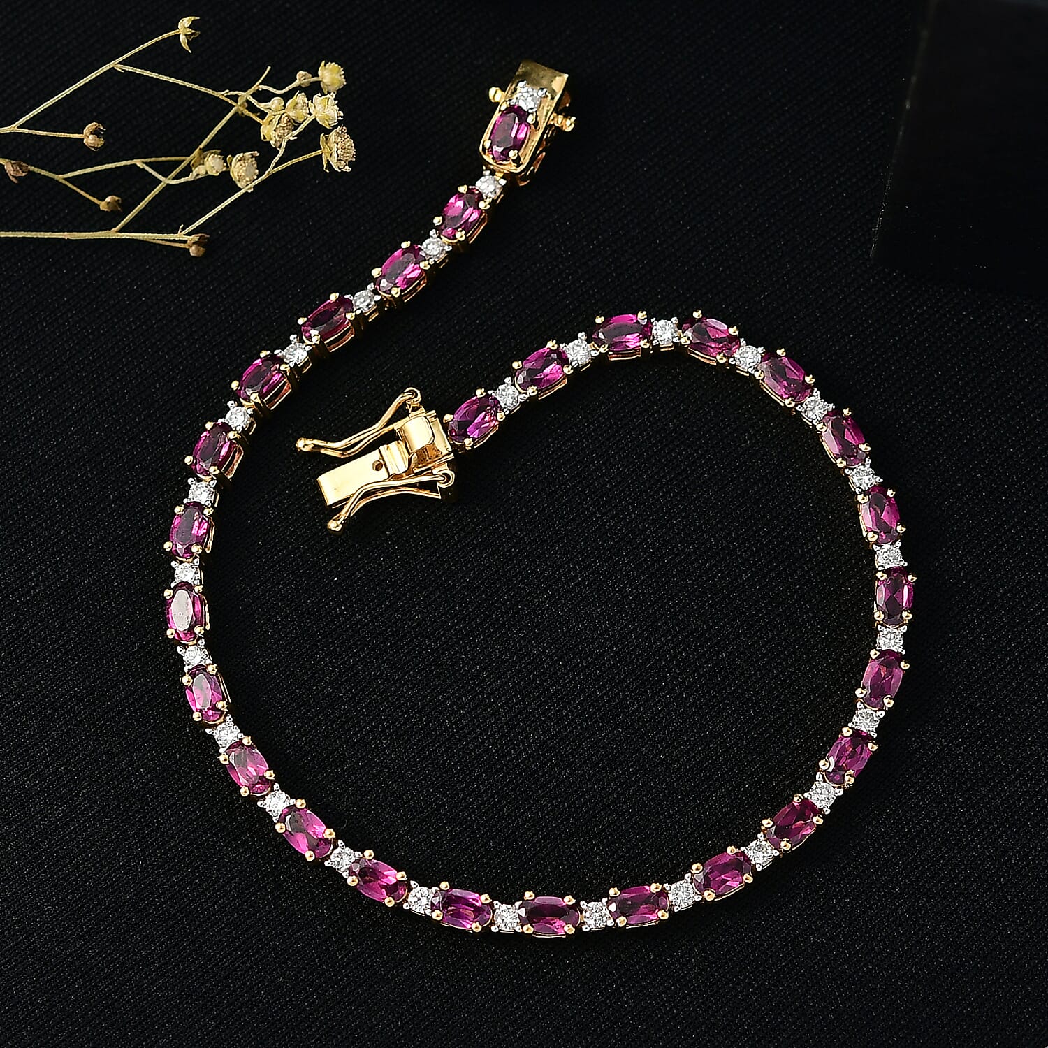 AAA Radiant Ember Garnet and Luxuriant Lab Grown Diamond G-H SI 8.70 ctw Royal Flame Line Bracelet in 18K Vermeil Yellow Gold Over Sterling Silver (7.25 In)