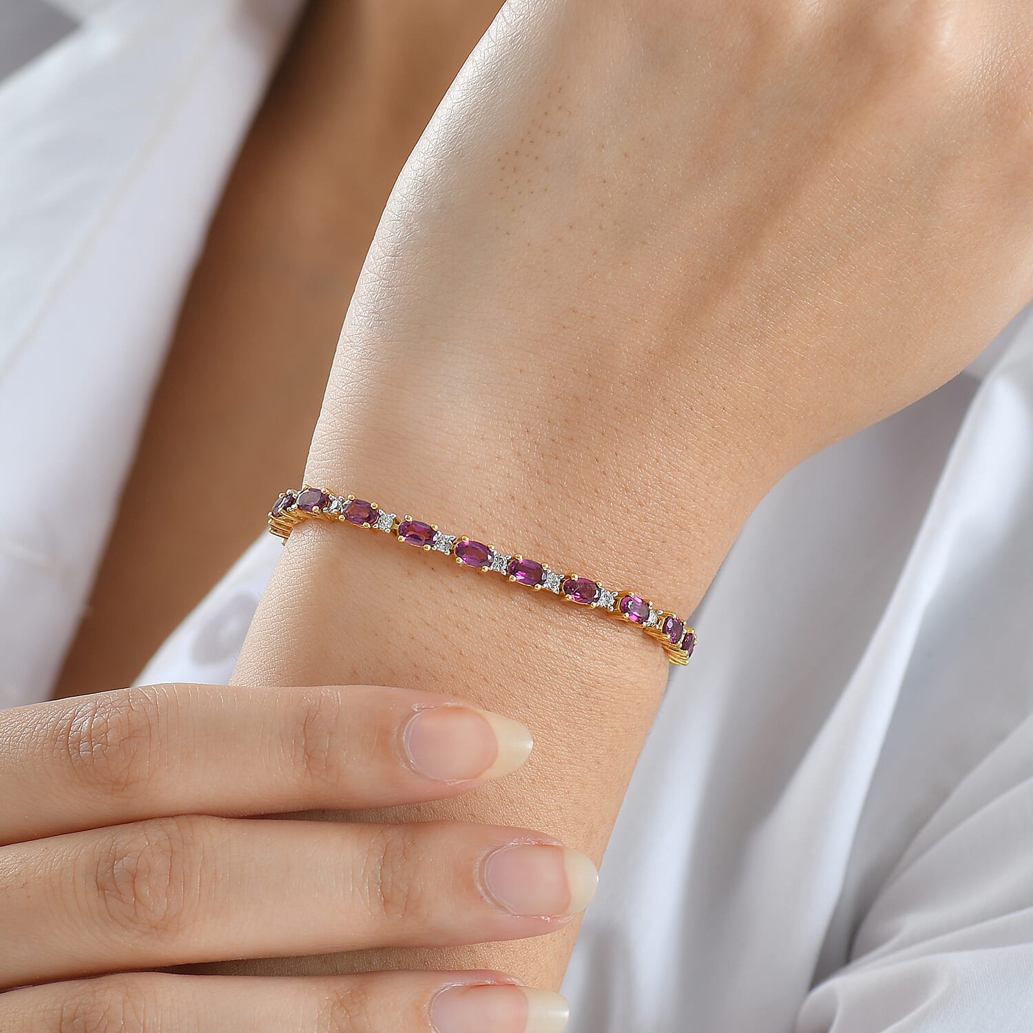 AAA Radiant Ember Garnet and Luxuriant Lab Grown Diamond G-H SI 8.70 ctw Royal Flame Line Bracelet in 18K Vermeil Yellow Gold Over Sterling Silver (7.25 In)