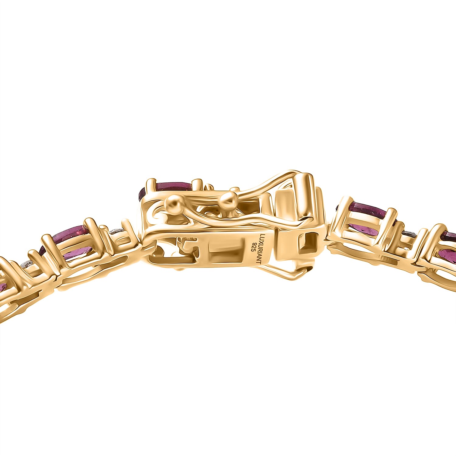 AAA Radiant Ember Garnet and Luxuriant Lab Grown Diamond G-H SI 8.70 ctw Royal Flame Line Bracelet in 18K Vermeil Yellow Gold Over Sterling Silver (7.25 In)
