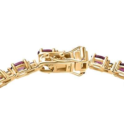 AAA Radiant Ember Garnet and Luxuriant Lab Grown Diamond G-H SI 8.70 ctw Royal Flame Line Bracelet in 18K Vermeil Yellow Gold Over Sterling Silver (7.25 In)